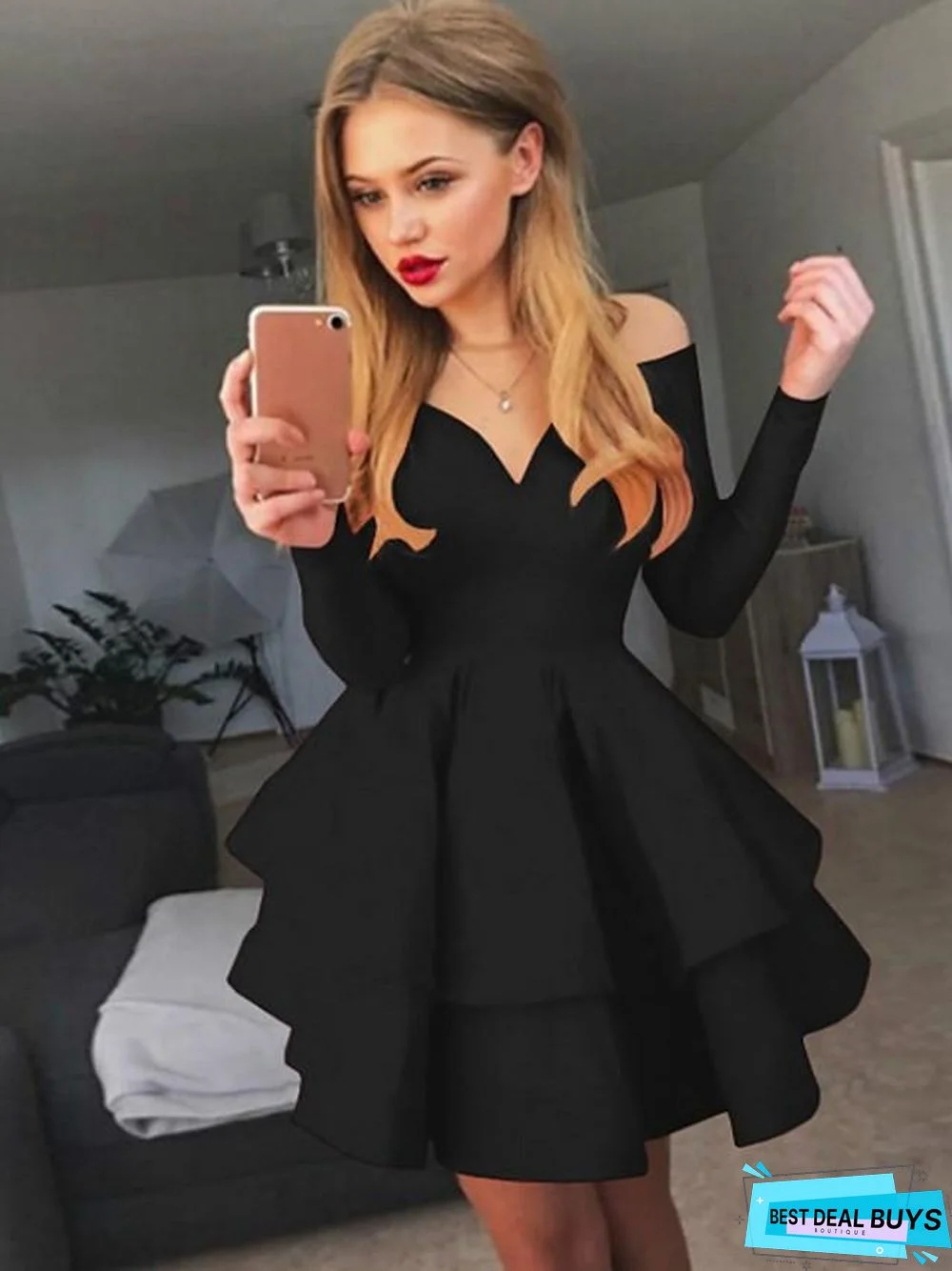 Women's Prom Dress A-Line Dress Short Mini Dress - Long Sleeve Solid Colored Layered Spring Fall Off Shoulder Hot Sexy Going out White Black Red White Dresses