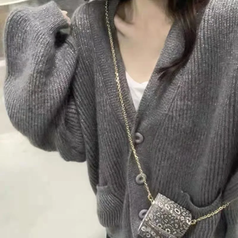 Ueong Ueong And Autumn Soft Soft Waxy Cardigan Female Loose Lazy Wind Fall Shoulder Sweater Coat V Collar Pocket Outside The Sweater Woman