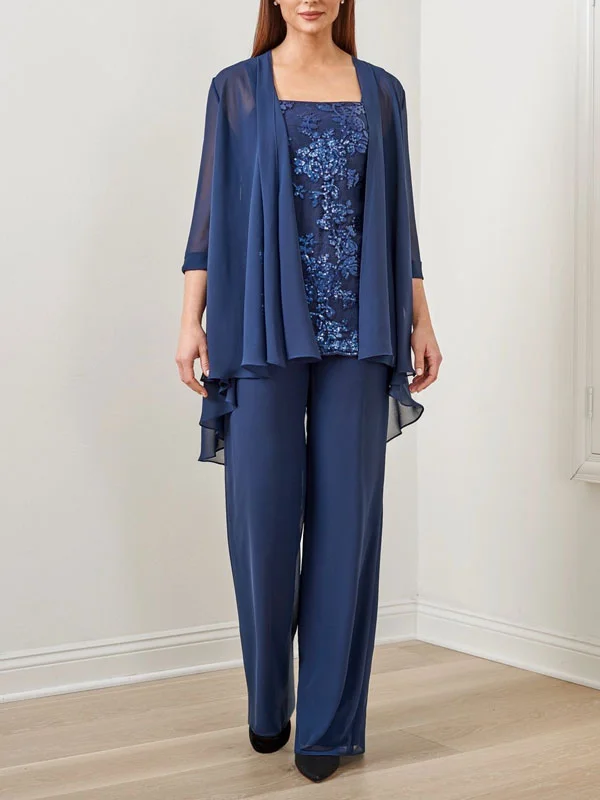 Suit Sequined Chiffon Embroidered Top + Chiffon Long Pants