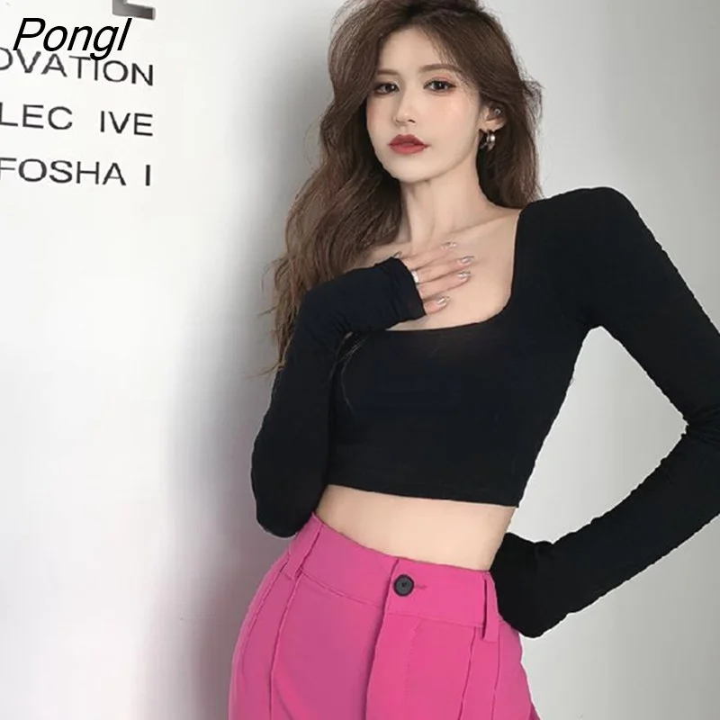 Pongl Backless T-shirt Woman Long Sleeve Crop Top Autumn Korean Fashion Tee Shirt Femme Kpop Corset Skinny Vintage Clothes Women