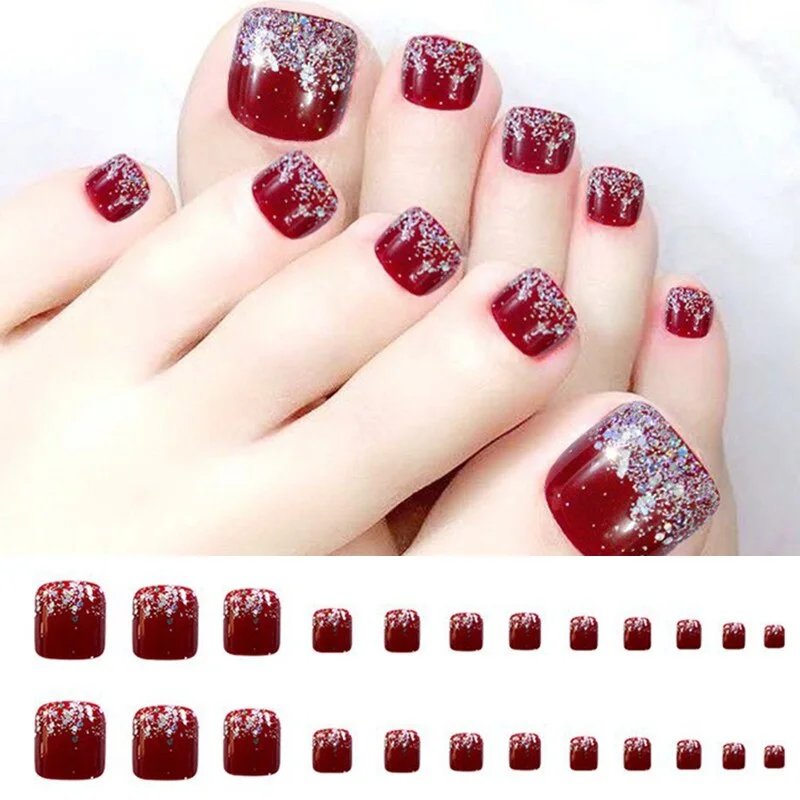 24pcs Plaid Printed Toenails Patch Removable Short  Full Finished Detachable Manicure False ToeNails Tips Press On Toe Nail-Nail Inspo