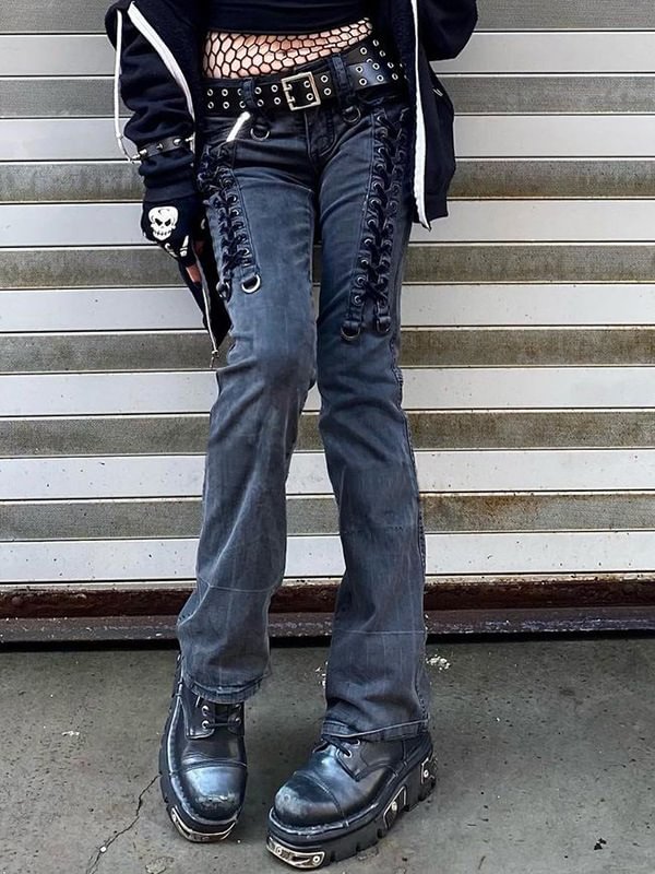 Street Fashion Vintage Lace Up Designed Low Rise Jeans