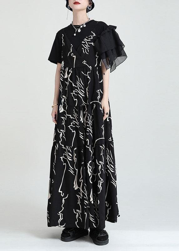Chic Black Print Asymmetrical Design A Line Dress Sleeveless