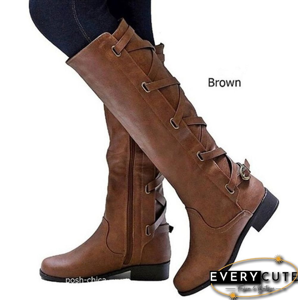 Women Winter Low Heel Belt Buckle Riding Leather Boots Knee High Cowboy Boots (Please Choose A Larger Size)