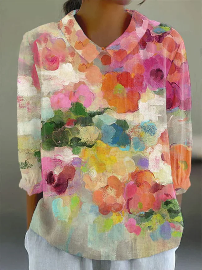 Women's Floral Art Print Casual Cotton And Linen 3/4 Sleeve Shirt