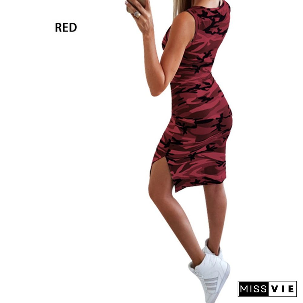 Summer Women's Camouflage Dress O Neck Sleeveless Dresses For Sexy Women Casual female Mini Sport Dress Side split