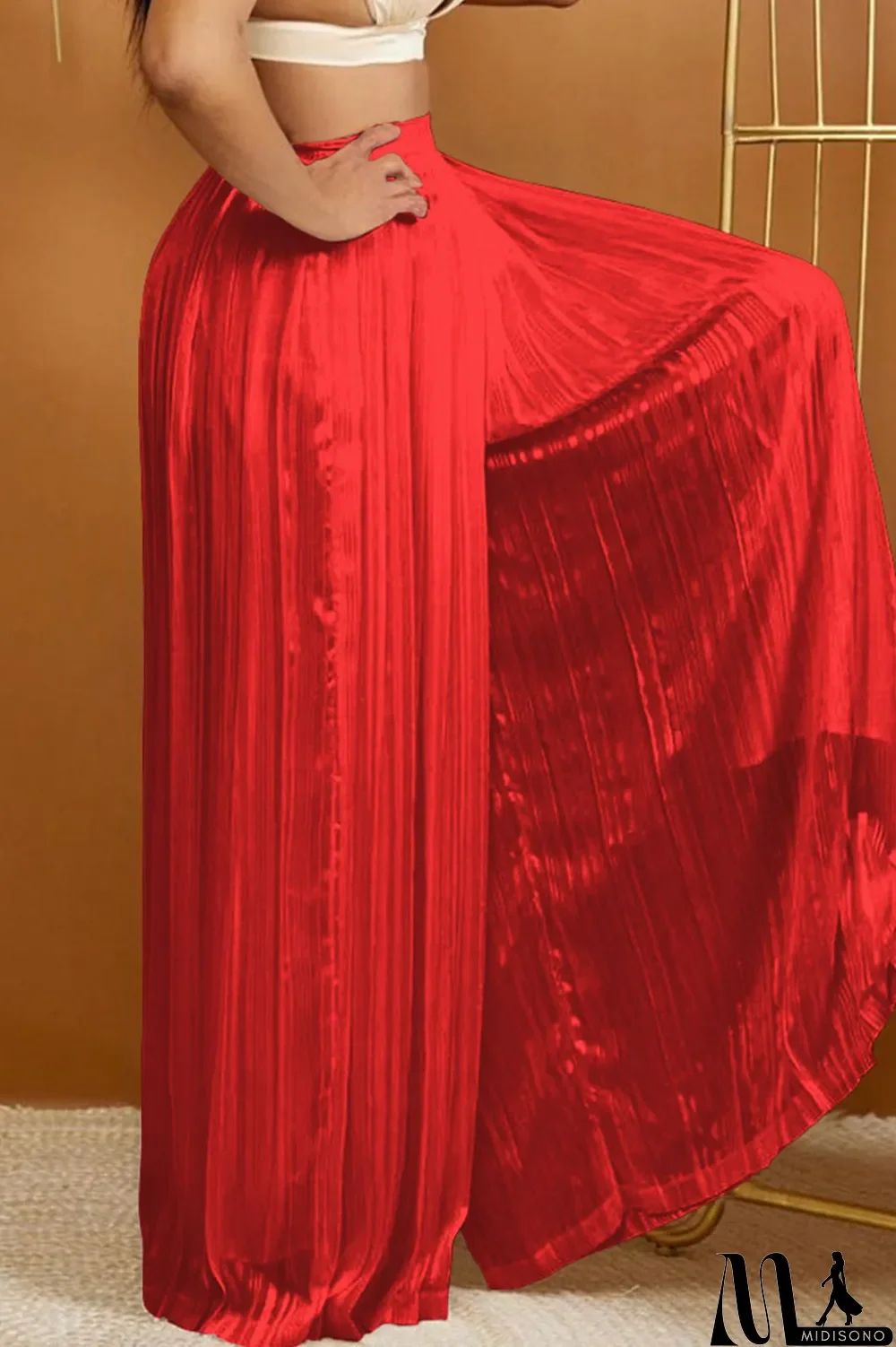 MidiSono - Red Casual Solid Patchwork Fold High Waist Wide Leg Solid Color Bottoms