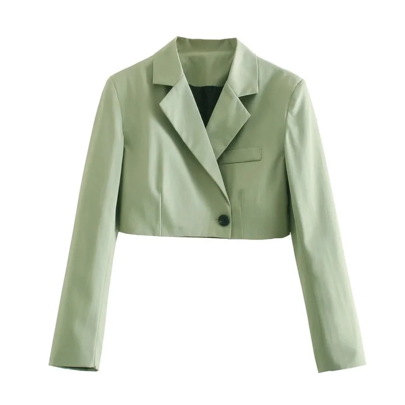 Stylish Elegant Green Skirt Suits Women 2021 Fashion Cropped Pocket Notched Blazer Buttons Asymmetrical Mini Skirts Female Suits