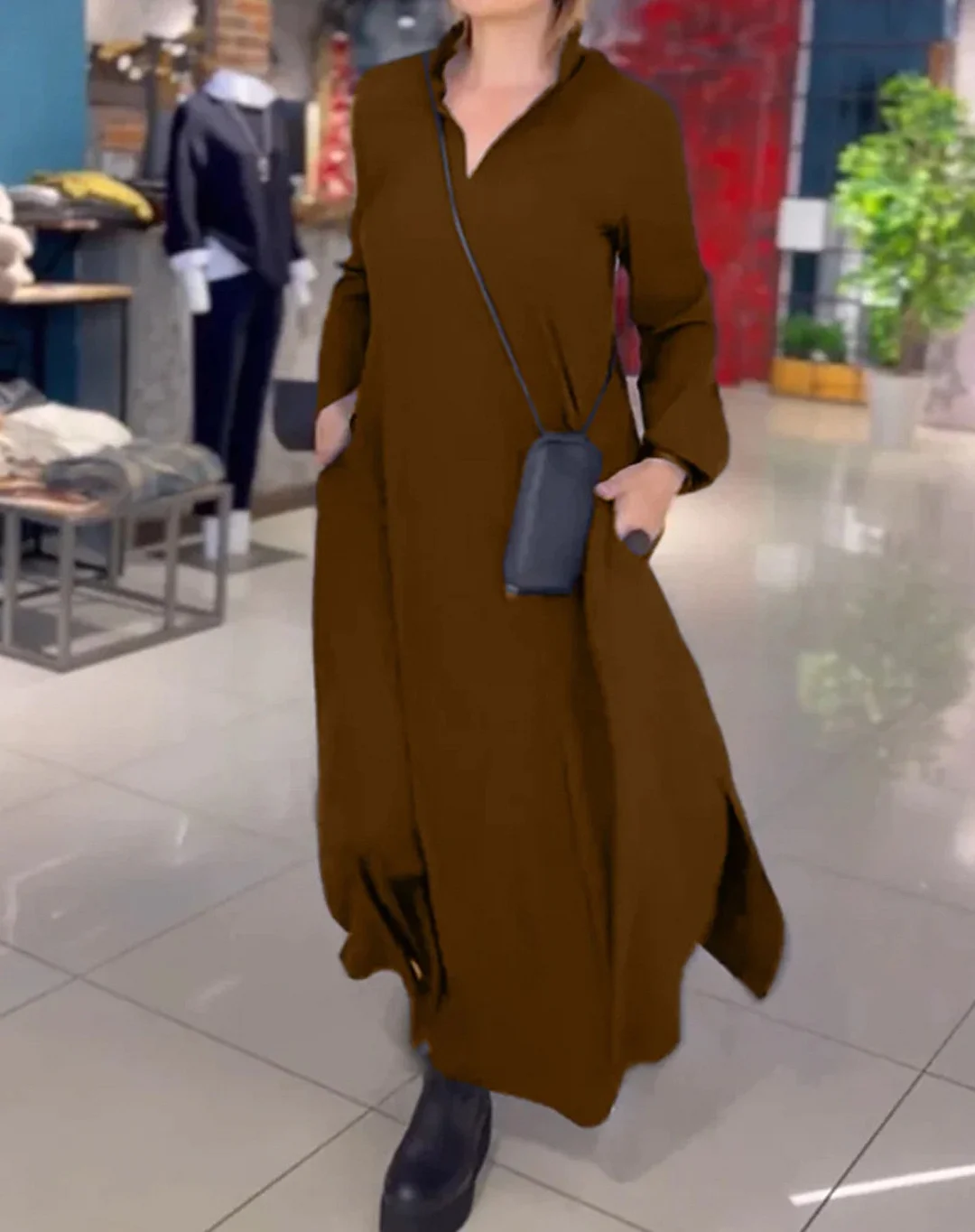 Uveng Uveng Autumn And Winter New Leisure Loose Solid Color V Collar Long-Sleeved Dress Women