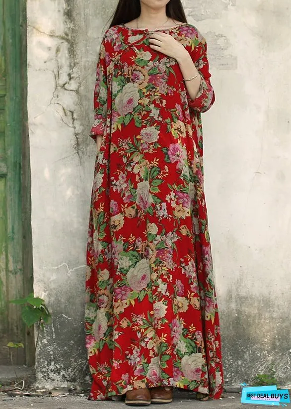 Vintage Dark Red O-Neck Pocket Print Cotton Long Dresses Long Sleeve (Limited Stock)