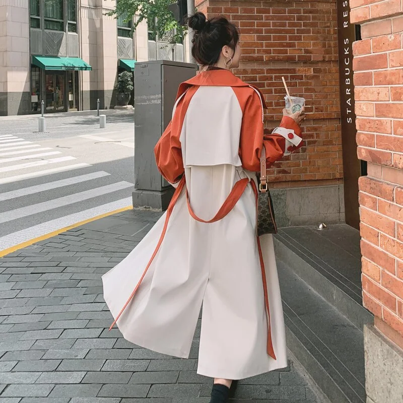 Fashion New Lady Trench Coat Long Double-Breasted with Belt Duster Coat for Women Spring Fall Outerwear Female Clothes Patchwork