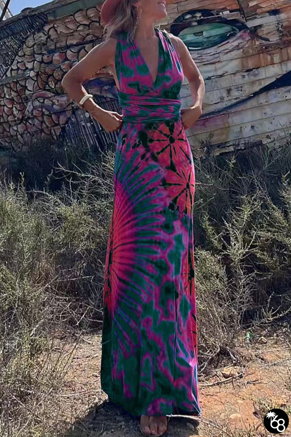 Green Sexy College Print Cross Straps V Neck Sleeveless Dress Dresses | 168DEAL