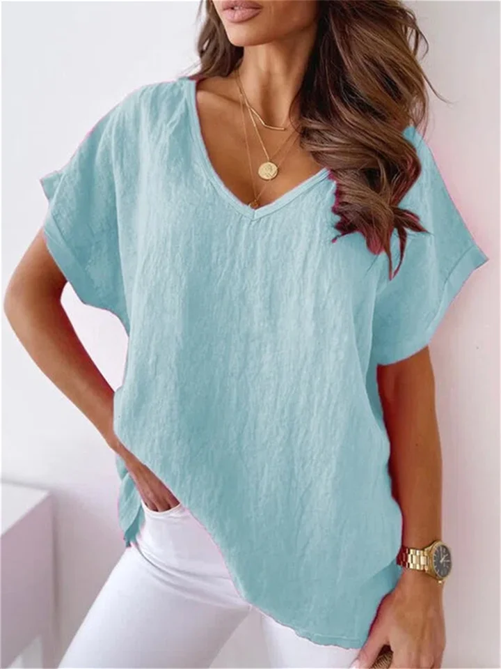 Summer Solid Color Cotton Linen Short-sleeved V-neck Shirt T-shirt Women-Cosfine