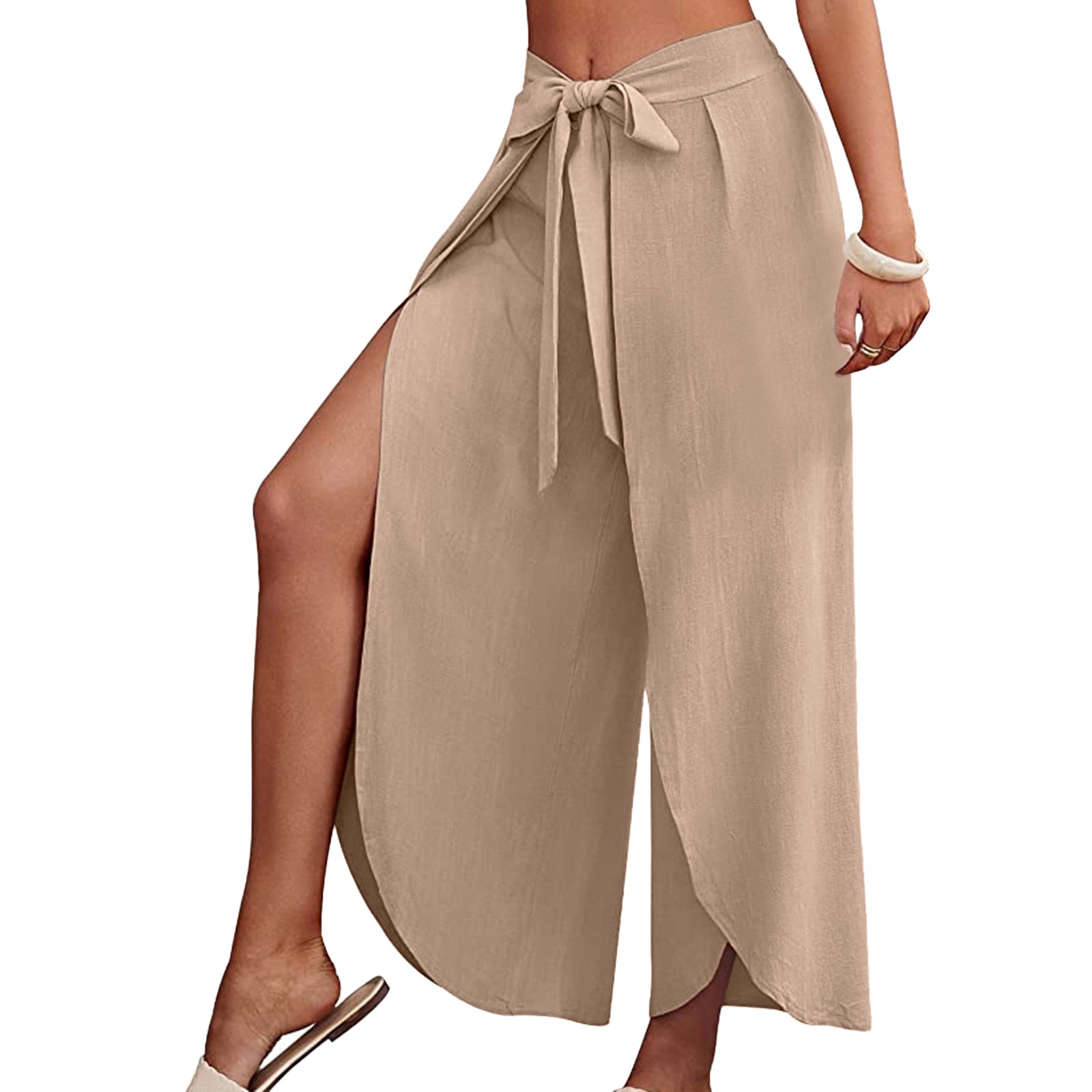 Verbsign Summer Casual Beach Palazzo Pants Ladies Slim Lace Up Business Flared Wide Leg Pants Versatile Beach Pants New Linen Dress Pants