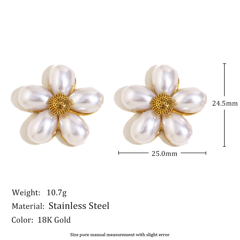 French Exquisite Stainless Steel Plated 18K Gold Curling Wrapped French Pearl Flower Earrings