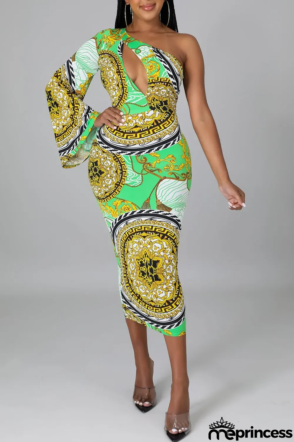 Green Sexy Print Hollowed Out One Shoulder Pencil Skirt Dresses