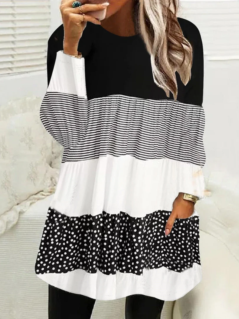 Women Long Sleeve Scoop Neck Stitching Pockets Tops