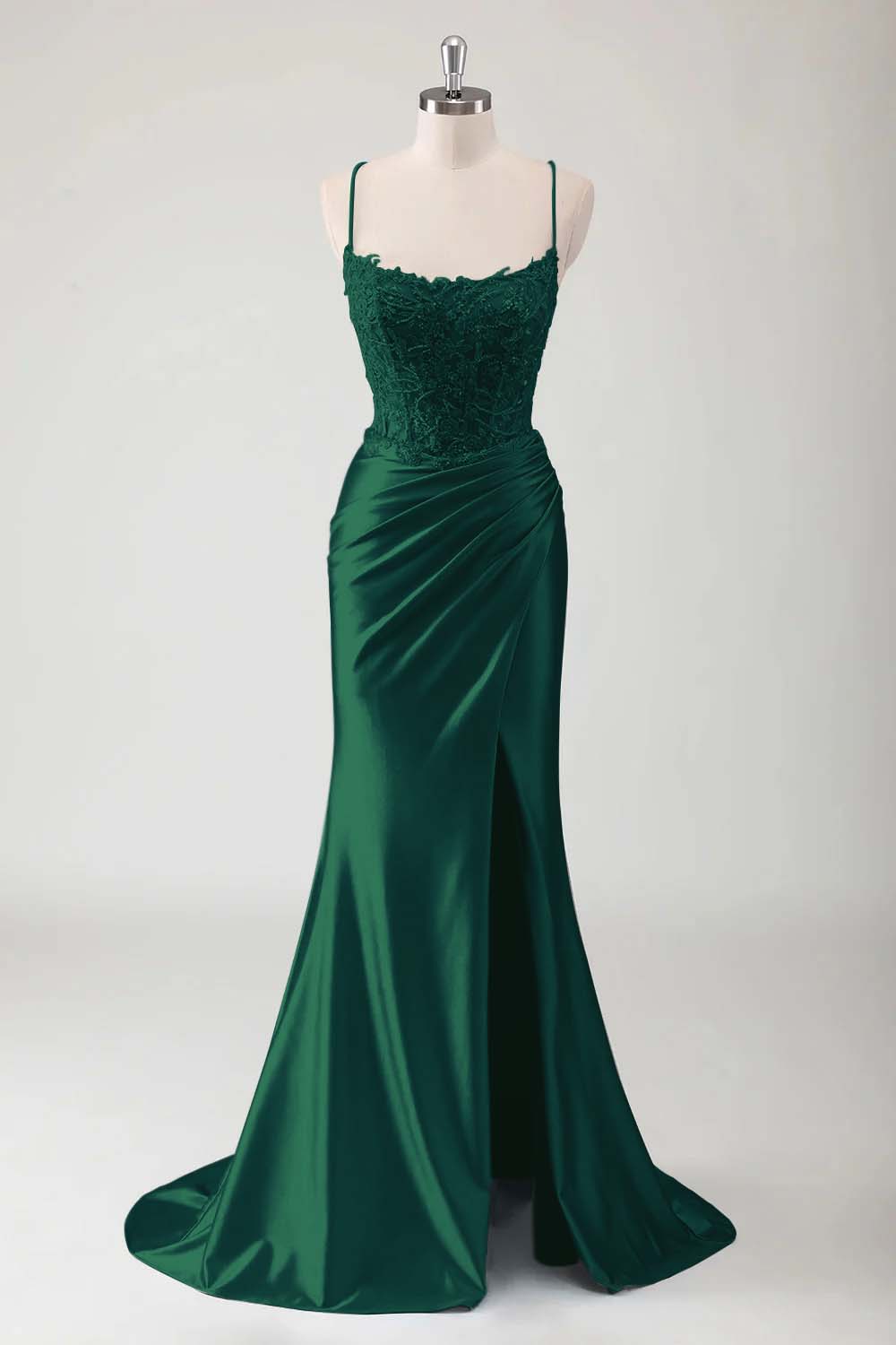 Hidais Spaghetti Strap Sleeveless Long High Split Prom Dress With Appliques