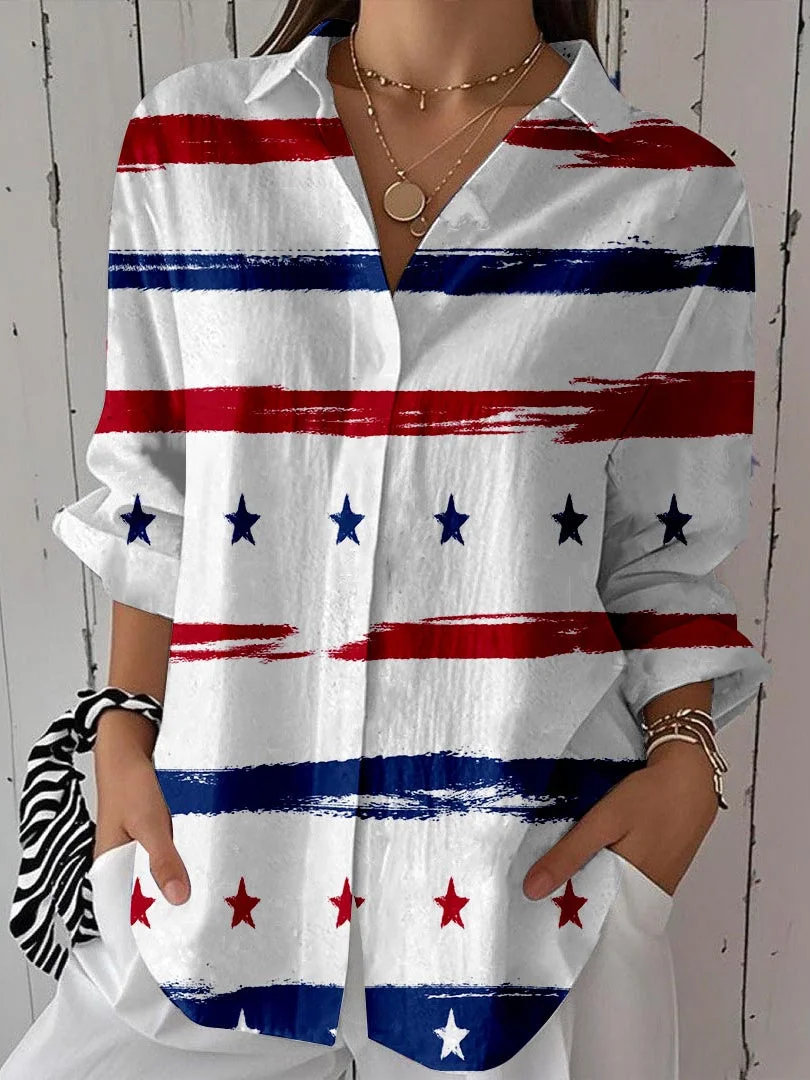 Women 3/4 Sleeve Shirt Collar National Flag Striped Printed Graphic Button Tops