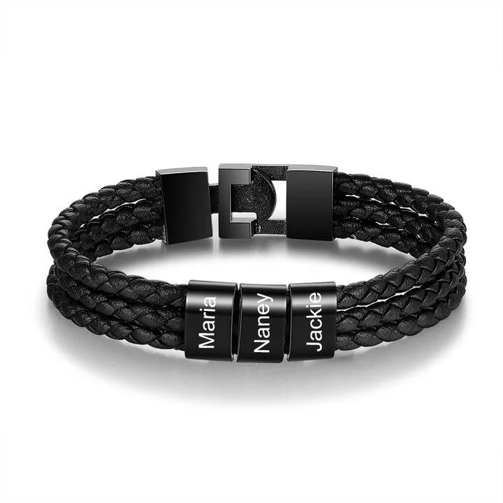 Personalised Braided Leather Bracelet Engraved 3 Names Men's Bracelet Gifts For Him