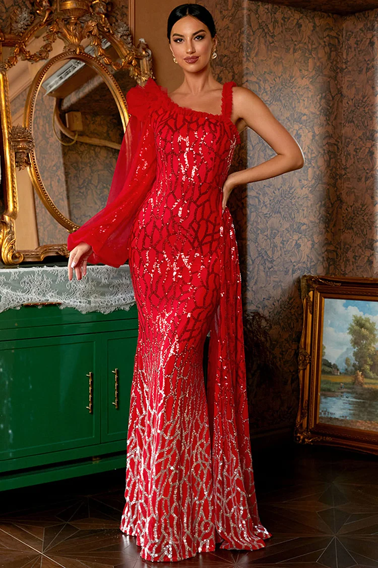 Sequin Asymmetric Ruffled Lantern Sleeve Maxi Dress-Red
