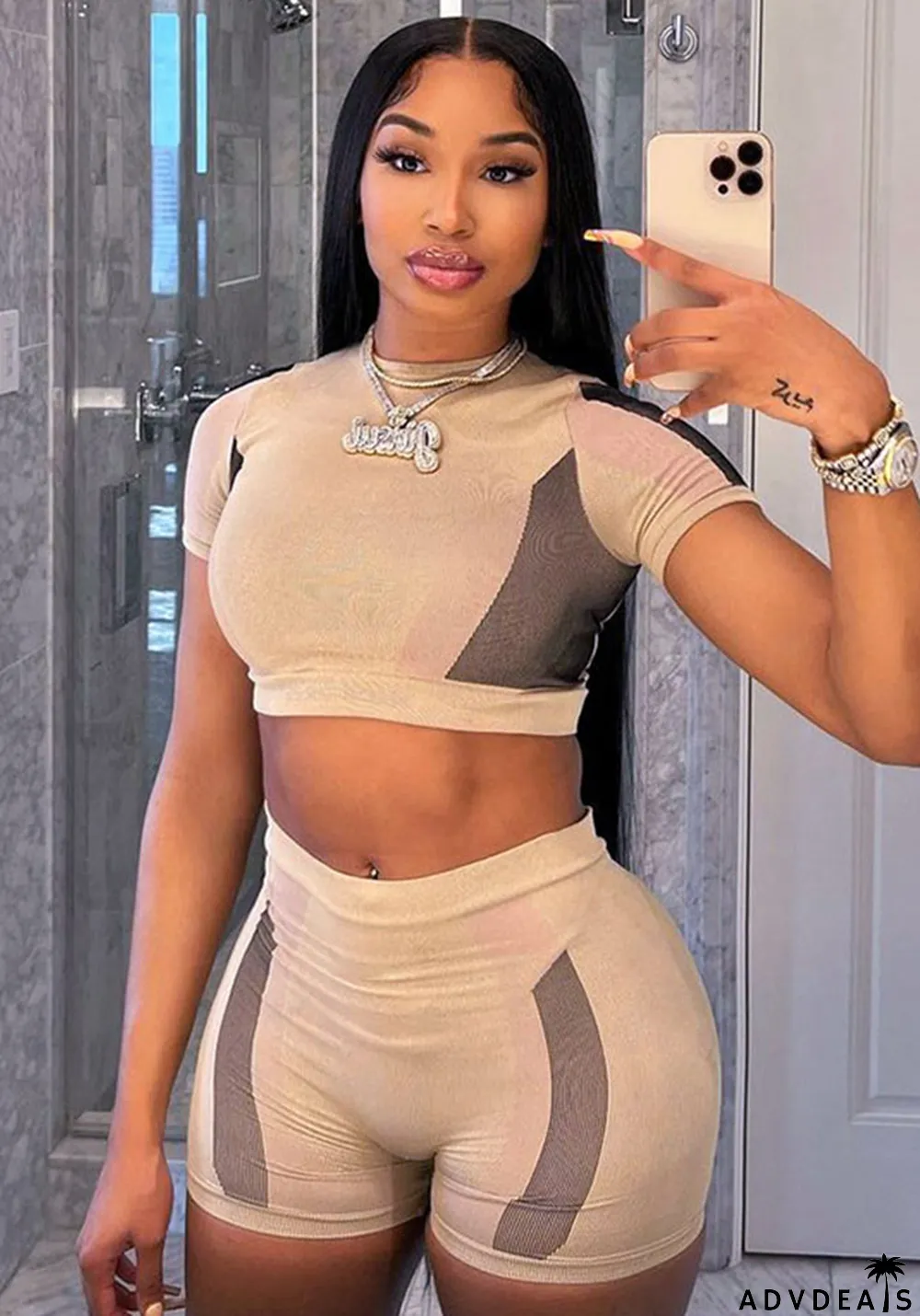 Women Summer Color Block Crop T-Shirt and Shorts Two-Piece Set