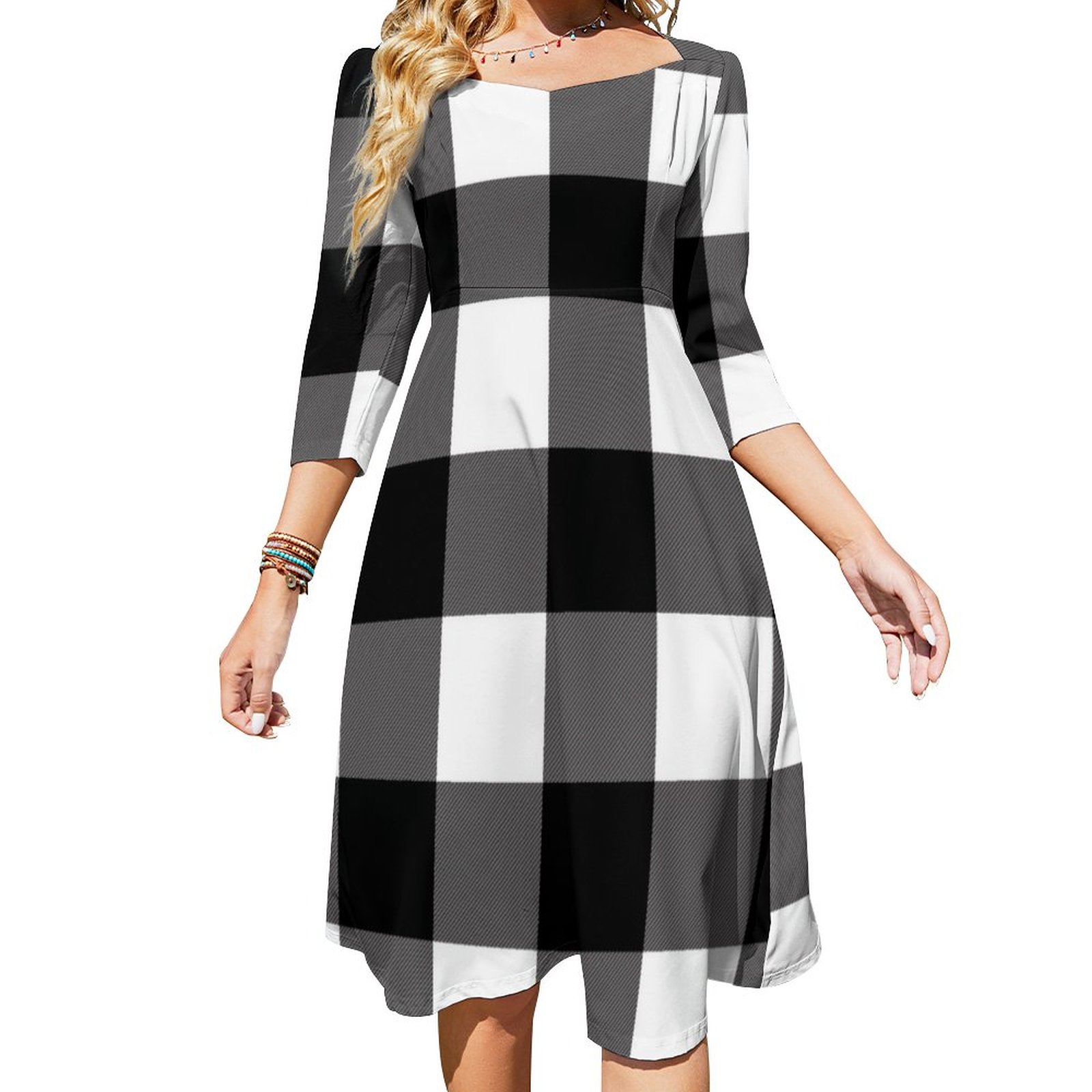 Black White Checkered Squares Buffalo Plaid Dress Sweetheart Tie Back Flared 3/4 Sleeve Midi Dresses