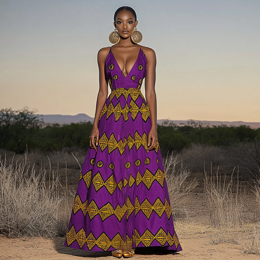 Retro African Tribal Floral Deep V Suspender Dress