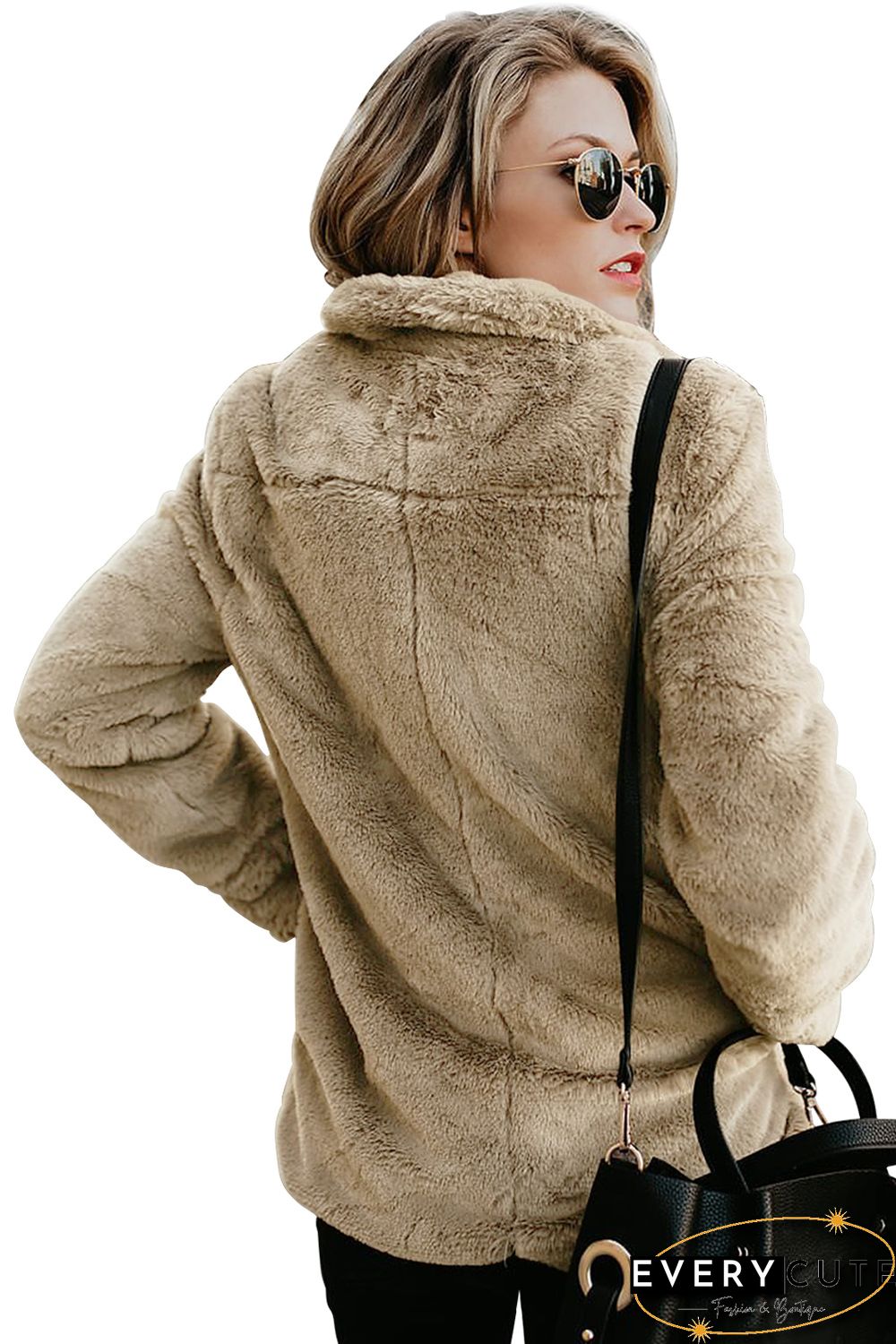 Khaki Pocket Style Fluffy Winter Coat