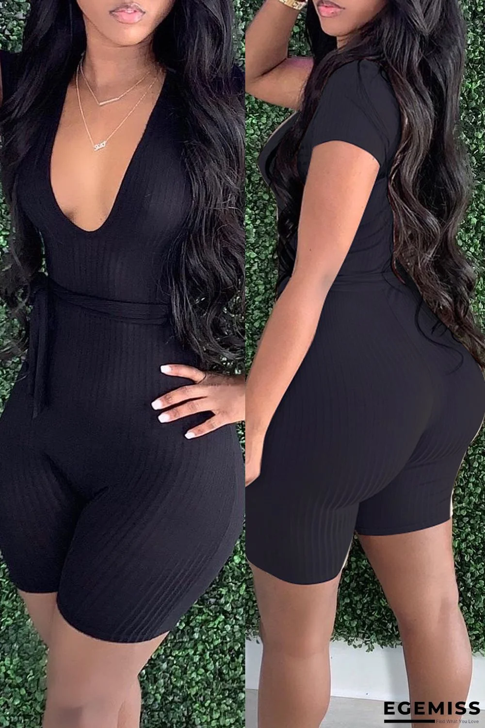 Black Fashion Casual Solid With Belt V Neck Skinny Romper | EGEMISS