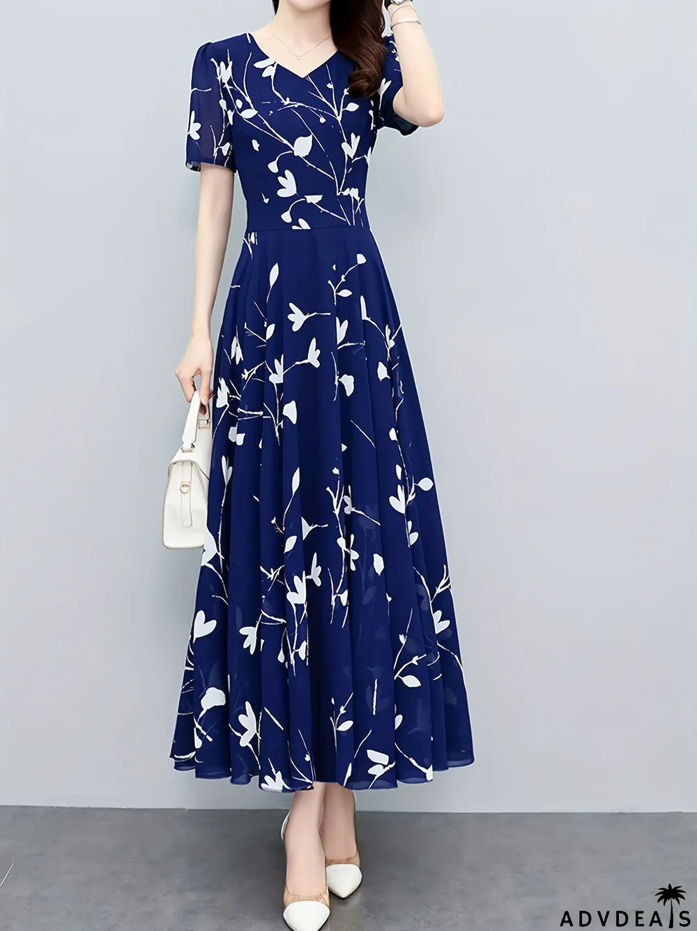 Floral Print Pleated Dress, Casual High Waist Short Sleeve V Neck Maxi Dress, Women's Clothing