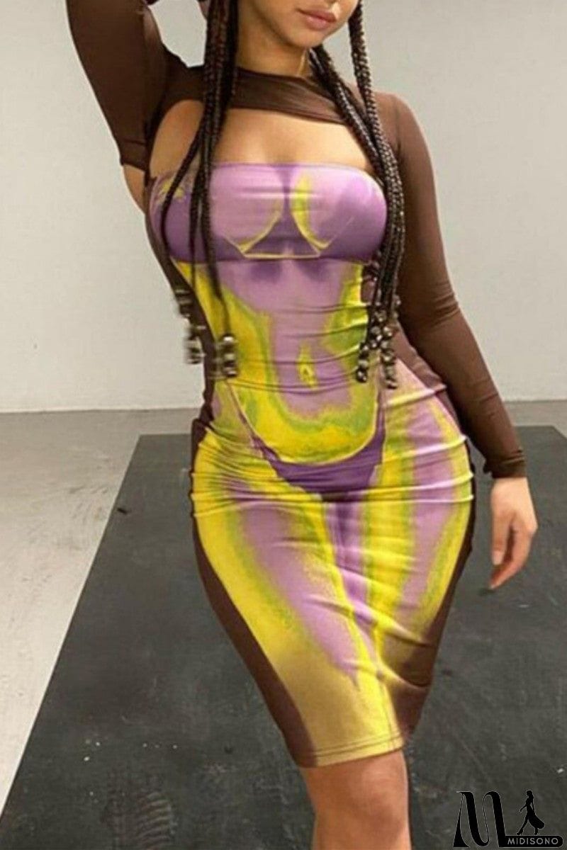 MidiSono - Sexy Casual Print Hollowed Out O Neck Long Sleeve Dresses