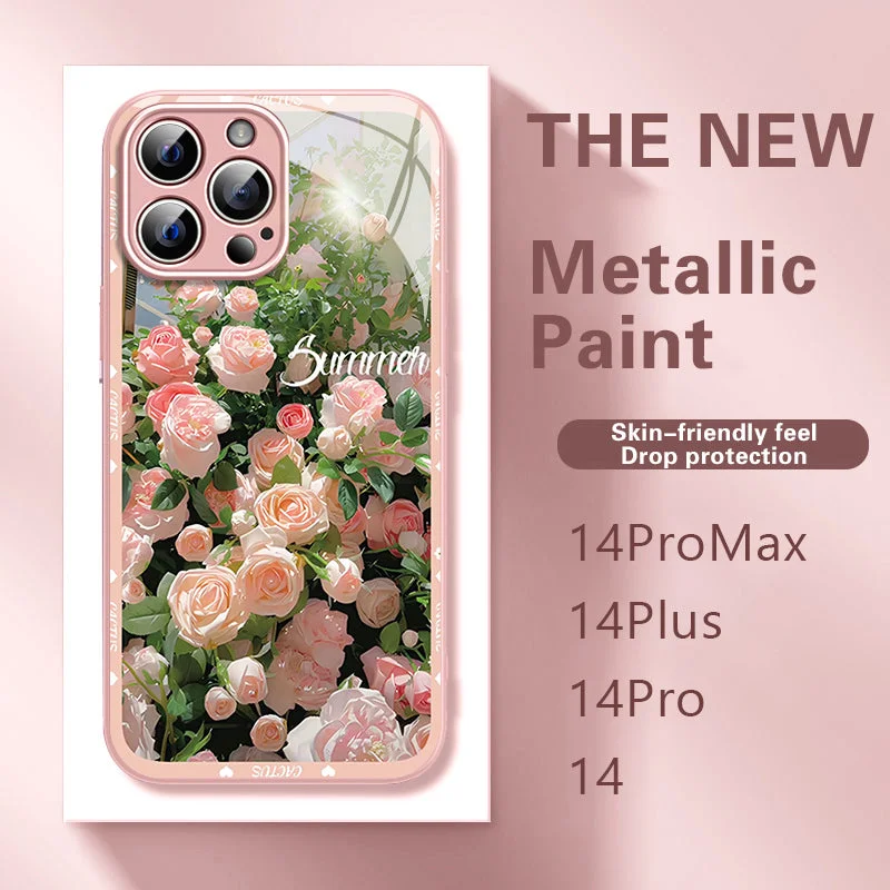 Rose-patterned metal and glass case for iPhone