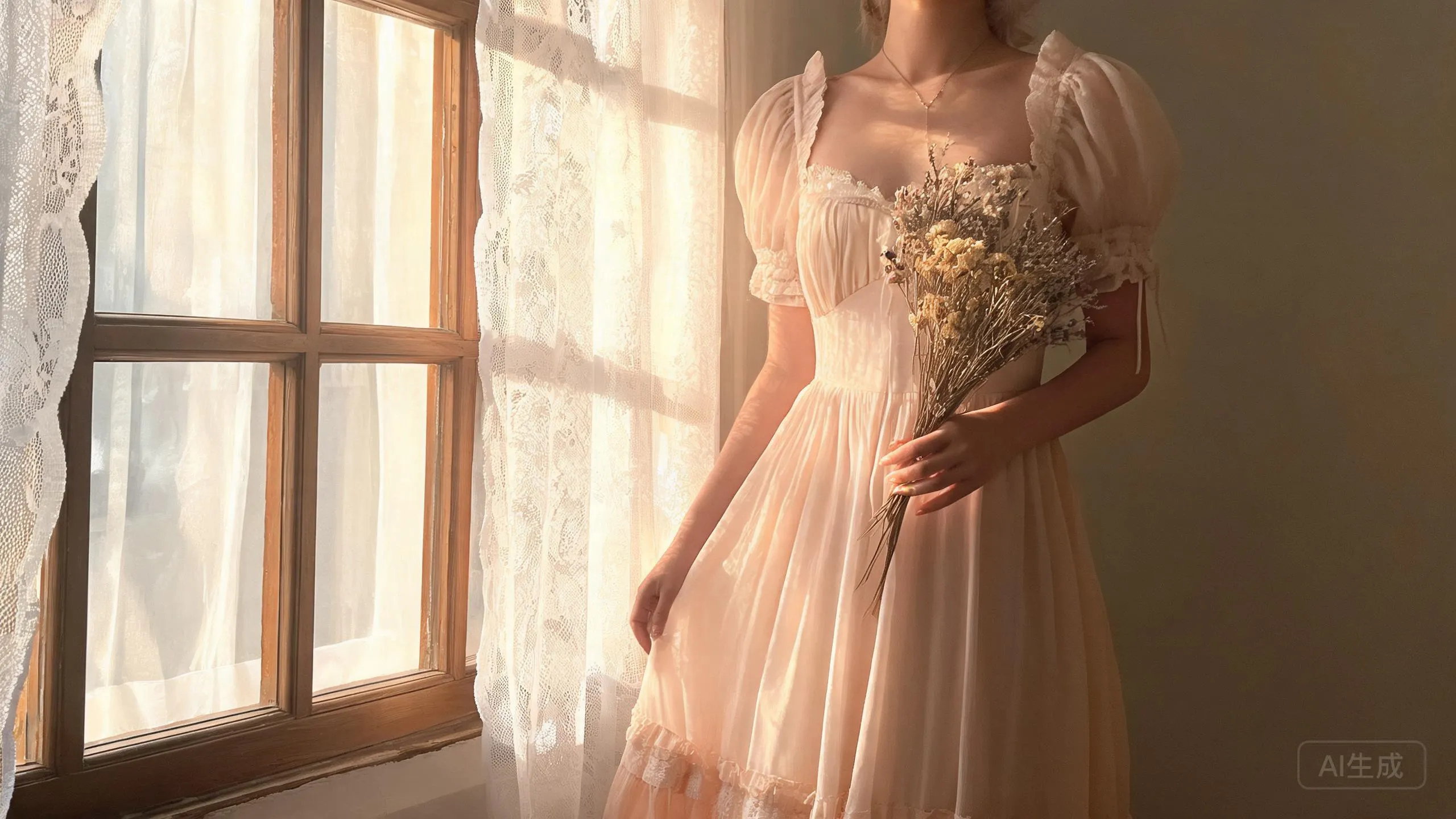 Detail of blush cotton voile ruched bodice with ivory lace trim and ribbon ties