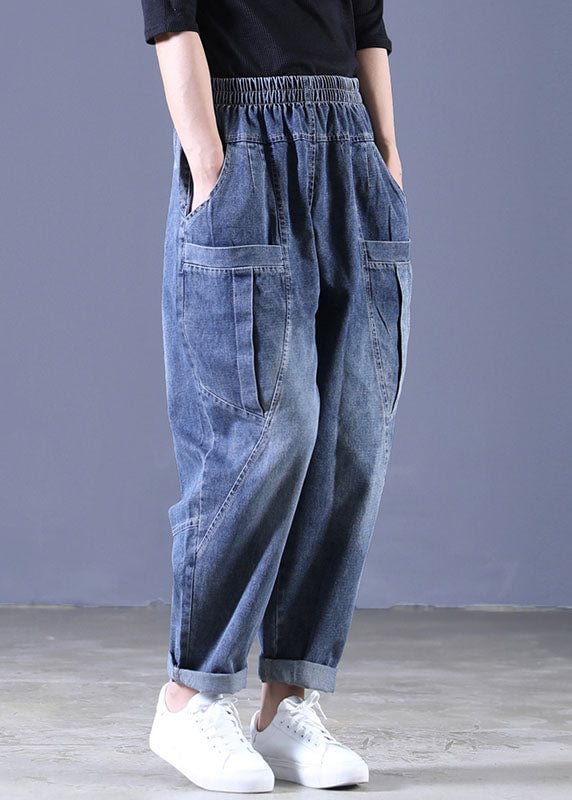 Boutique Blue Casual Elastic Waist Pockets Harem Fall Pants CK612- Fabulory