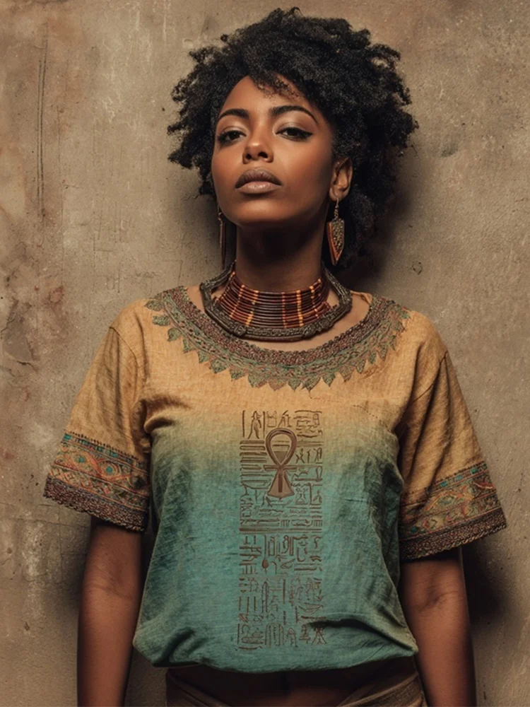 Ancient Egyptian Elements Inspired Gradient Linen Shirt