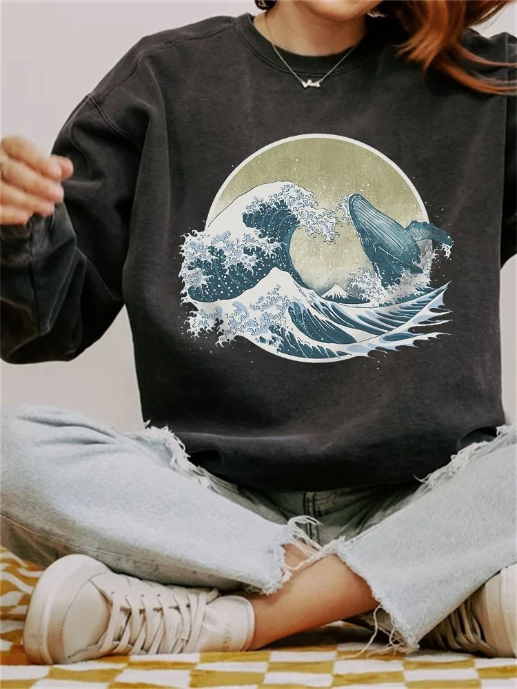 Women's Whale Breach Japanese Art Vintage Washed Sweatshirt