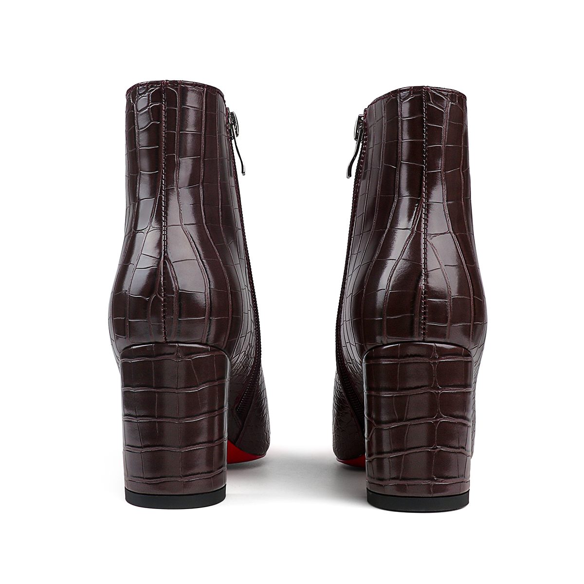 75mm Women's Pointed Toe Red Bottoms Boots Chunky Block Heel Ankle Boots Croc Booties-MERUMOTE