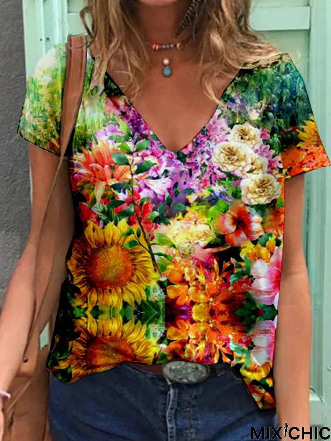 Floral  Short Sleeve  Printed  Cotton-blend  V neck  Casual  Summer  Yellow Top