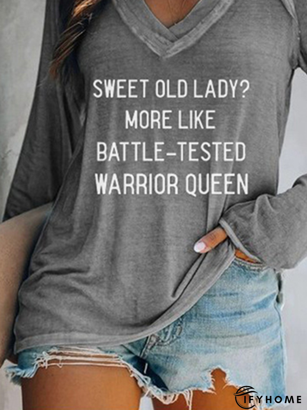 Letter Long Sleeve V-neck Casual Tunic T-Shirt | IFYHOME