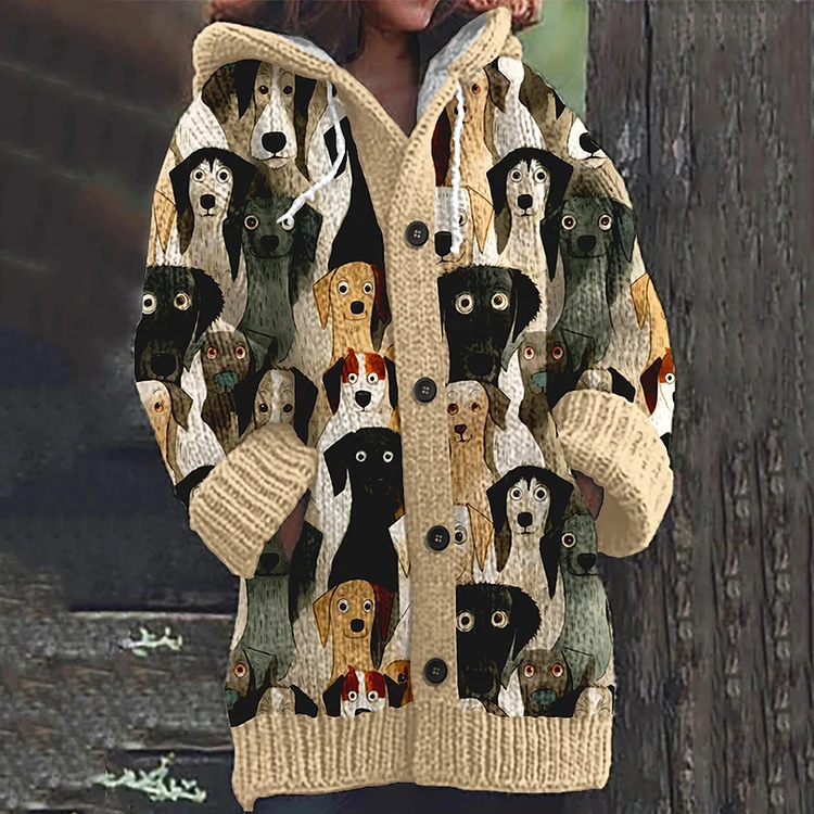Funny Dog Pattern Cozy Hooded Knit Sweater