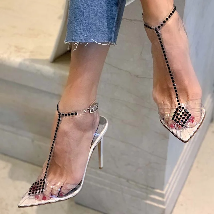 Clear Pointed Stiletto Heels   - T Strap Pumps Vdcoo