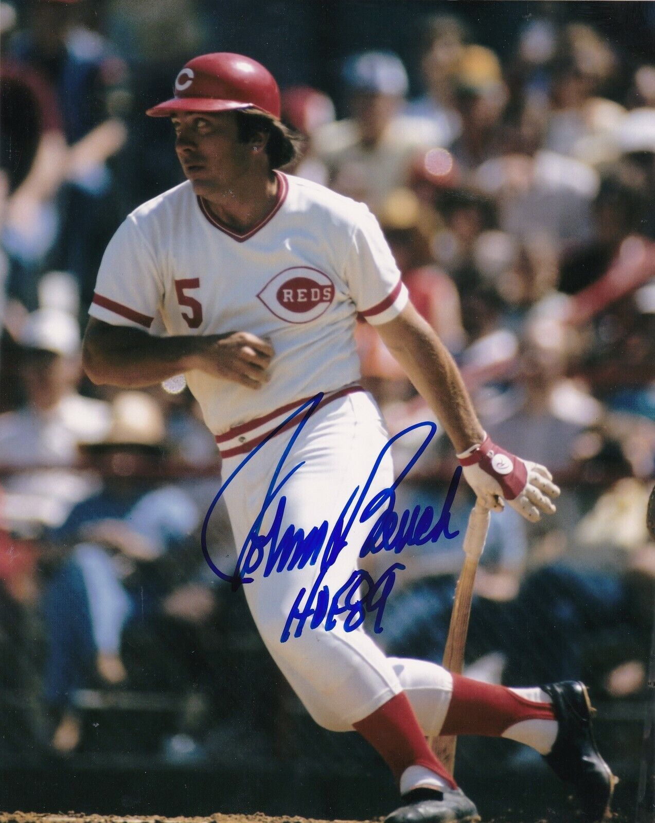 JOHNNY BENCH CINCINNATI REDS HOF 89 ACTION SIGNED 8x10