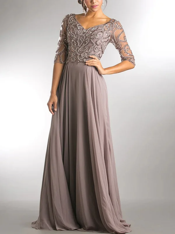 V Neck 3/4 Sleeve Lace Sequin Maxi Dress