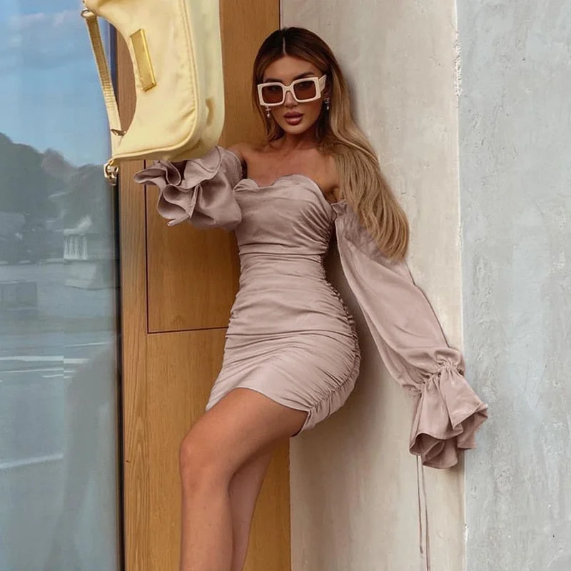 Hugcitar Women Solid Long Loose Flare Sleeve With Drawstring Ruched Mini Dress 2021 Autumn Streetwear Outfit Fashion Y2K