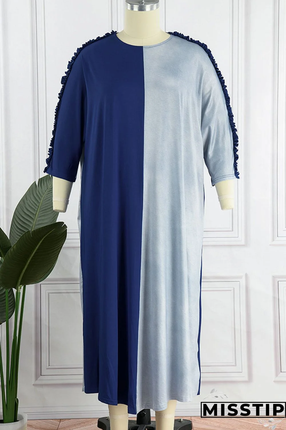 Black Gray Casual Solid Patchwork Stringy Selvedge O Neck Straight Plus Size Dresses