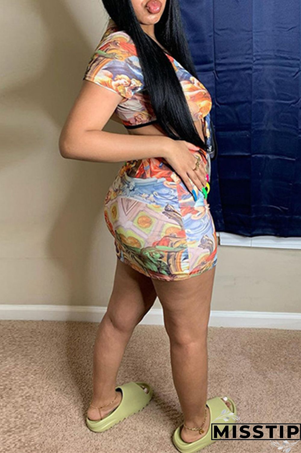 Colour Fashion Sexy Print Bandage V Neck Short Sleeve Two Pieces