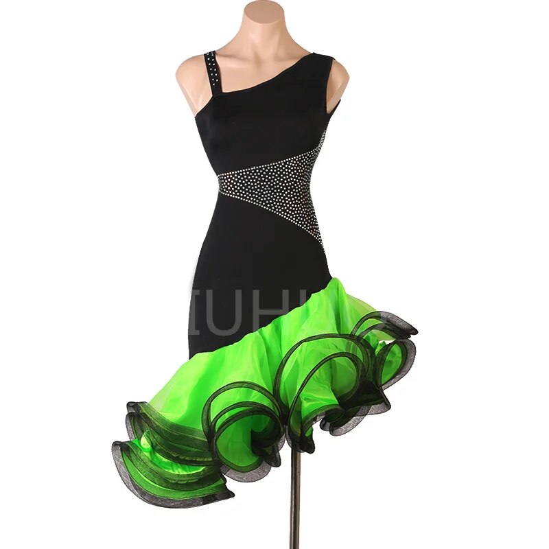Manufacturer Custom Sleeveless Lady’s Latin Tango Rumba Cha Cha Belly Dance Sequin Party Big Green Fishtail Skirt