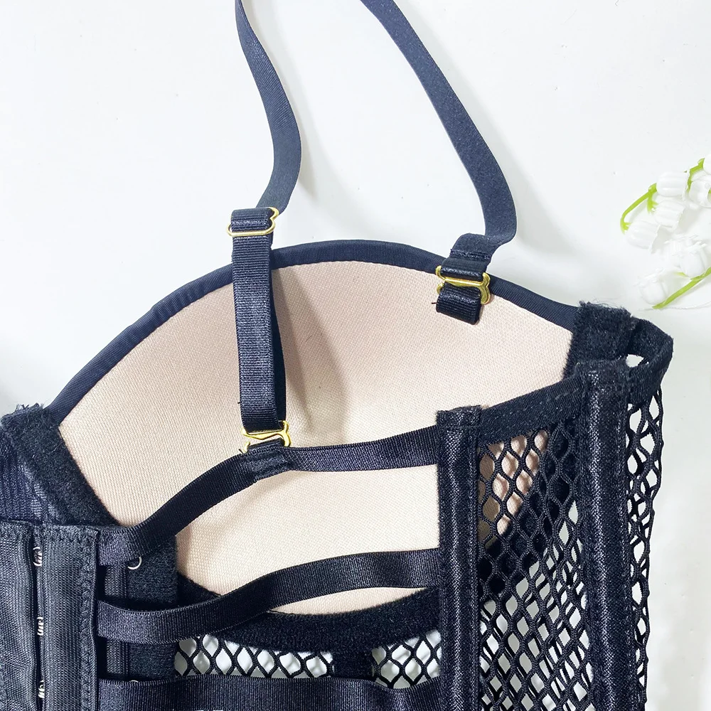 Billionm 3-piece Lace Lingerie Women See Through Fishnet Underwire Bra Panty with Garter Mesh Sheer Underwear Sexy Intimate Black Lingere