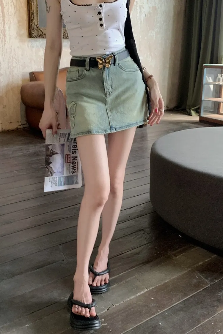 High Waist Mini Skirt with Bow Detail in Washed Blue Denim